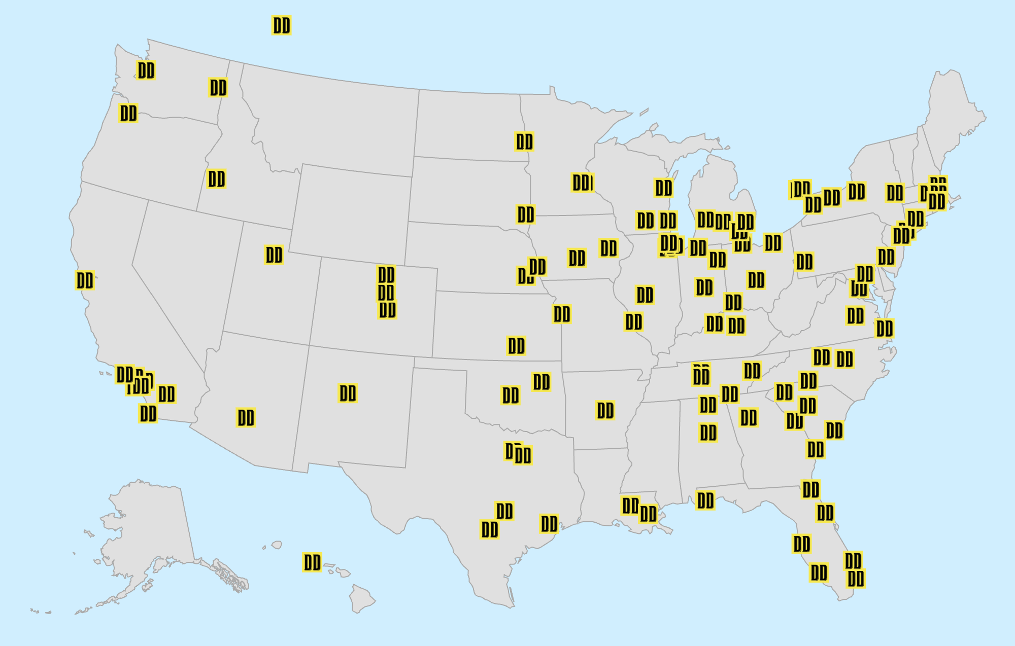 Map of the United States with yellow 'DD' logos marking The Dinner Detective locations across various states.
